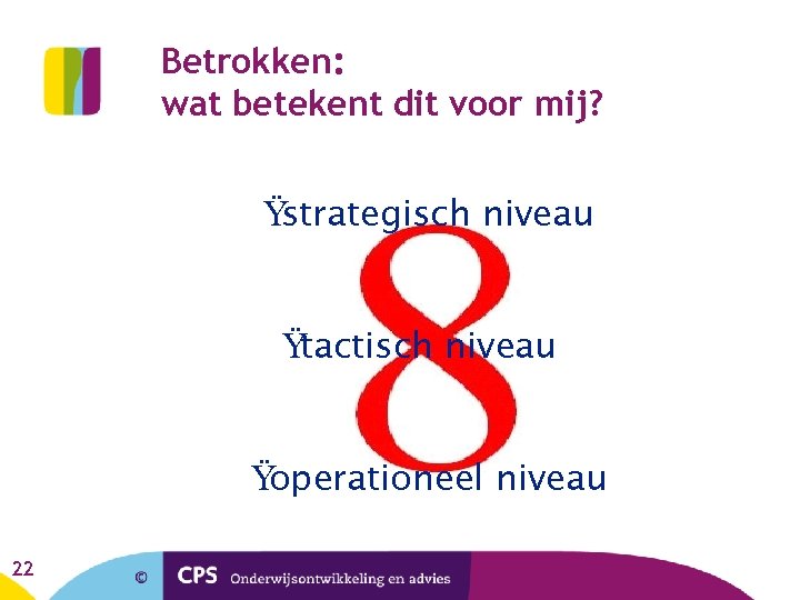 Betrokken: wat betekent dit voor mij? Ÿ strategisch niveau Ÿ tactisch niveau Ÿ operationeel