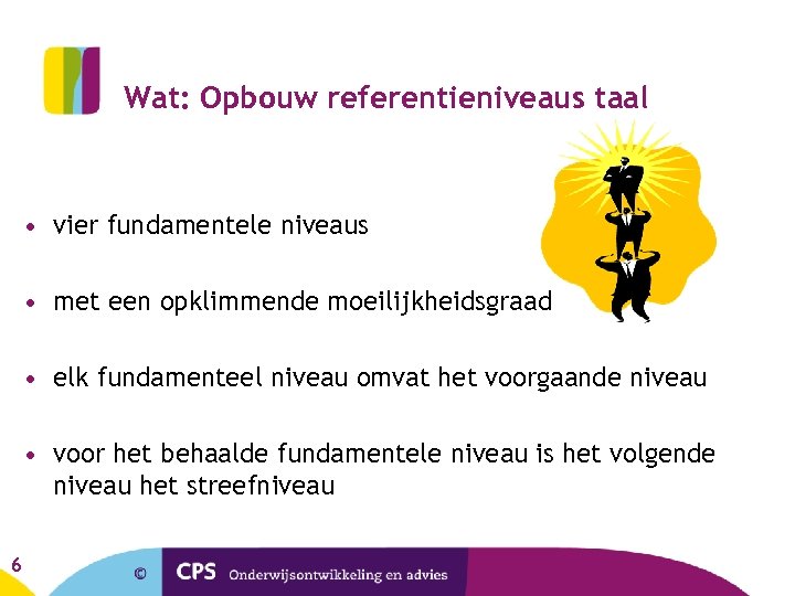 Wat: Opbouw referentieniveaus taal • vier fundamentele niveaus • met een opklimmende moeilijkheidsgraad •