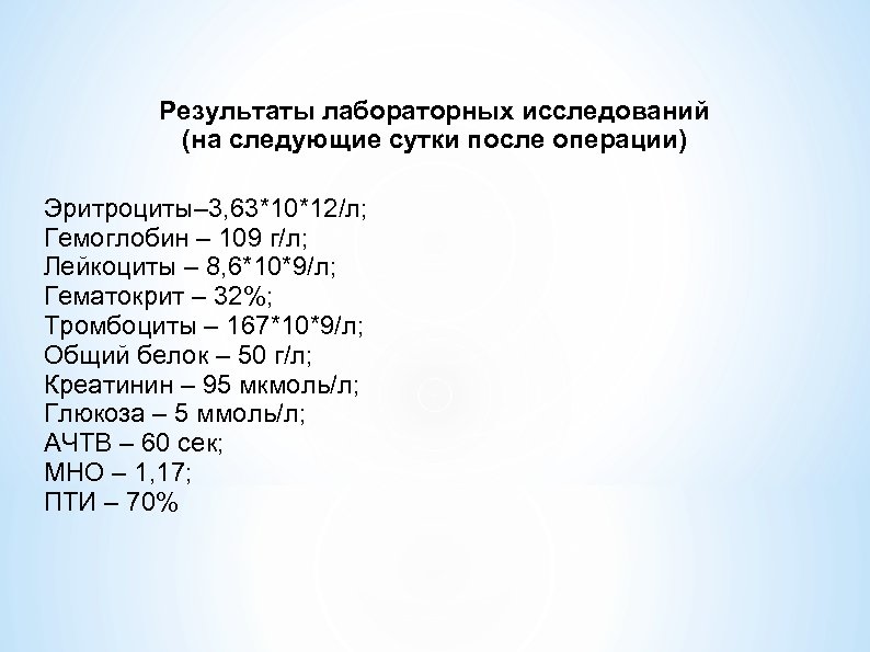 Результаты лабораторных исследований (на следующие сутки после операции) Эритроциты– 3, 63*10*12/л; Гемоглобин – 109