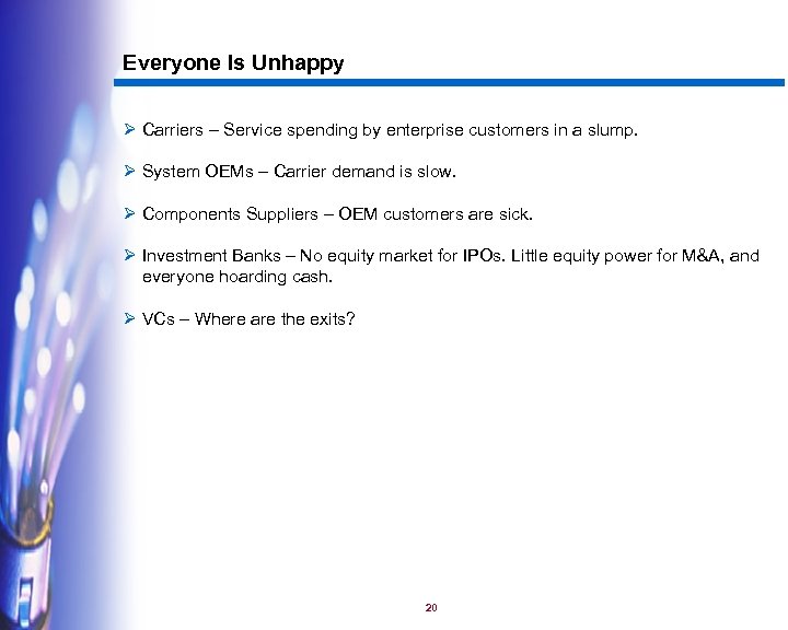 Everyone Is Unhappy Ø Carriers – Service spending by enterprise customers in a slump.