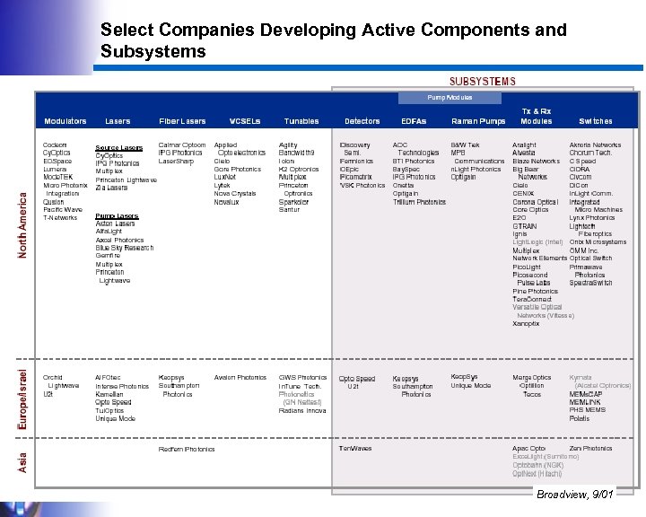 Select Companies Developing Active Components and Subsystems 8 Broadview, 9/01 