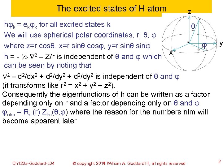 The excited states of H atom z hφk = ekφk for all excited states