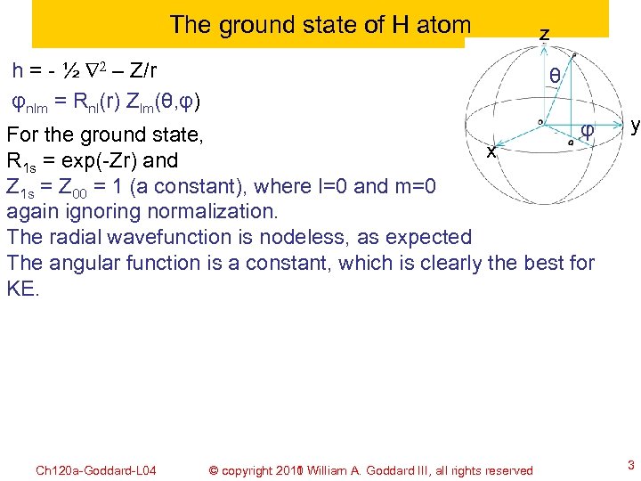 The ground state of H atom h = - ½ 2 – Z/r φnlm