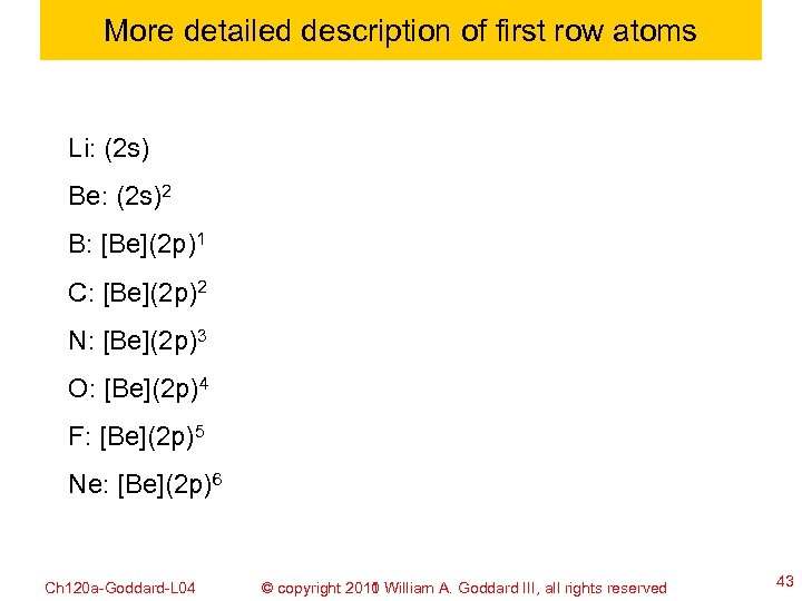 More detailed description of first row atoms Li: (2 s) Be: (2 s)2 B: