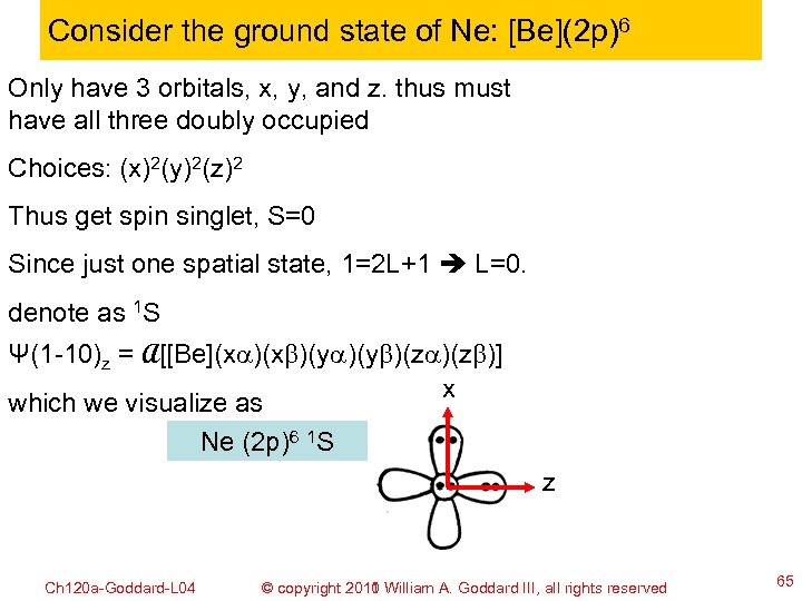 Consider the ground state of Ne: [Be](2 p)6 Only have 3 orbitals, x, y,