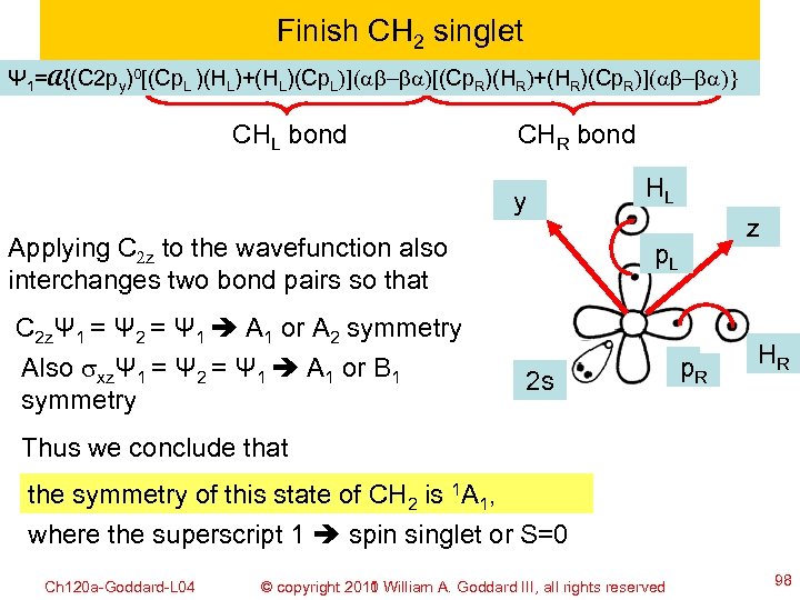 Finish CH 2 singlet Ψ 1=A{(C 2 py)0[(Cp. L )(HL)+(HL)(Cp. L)](ab-ba)[(Cp. R)(HR)+(HR)(Cp. R)](ab-ba)} CHL