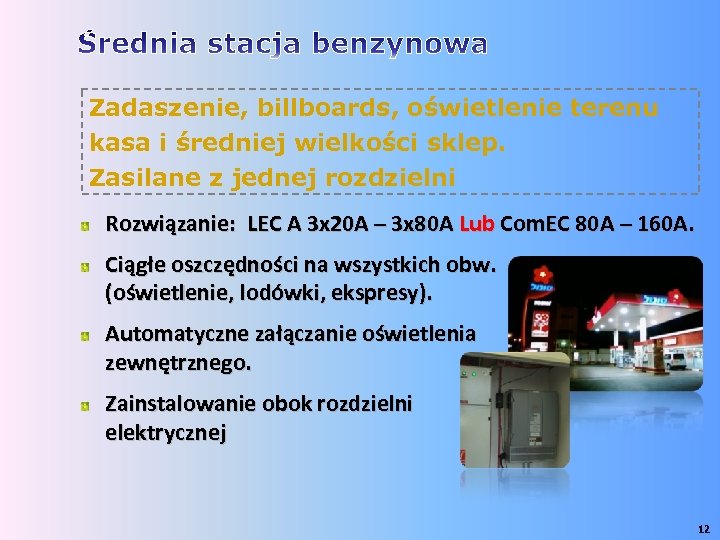 Zadaszenie, billboards, oświetlenie terenu kasa i średniej wielkości sklep. Zasilane z jednej rozdzielni Rozwiązanie: