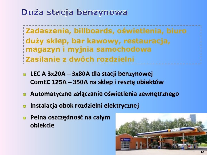 Zadaszenie, billboards, oświetlenia, biuro duży sklep, bar kawowy, restauracja, magazyn i myjnia samochodowa Zasilanie