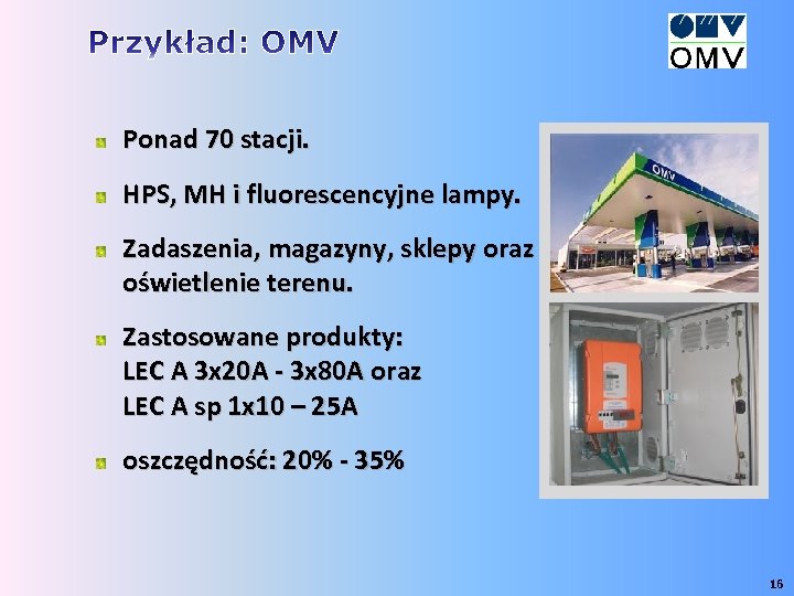 Ponad 70 stacji. HPS, MH i fluorescencyjne lampy. Zadaszenia, magazyny, sklepy oraz oświetlenie terenu.