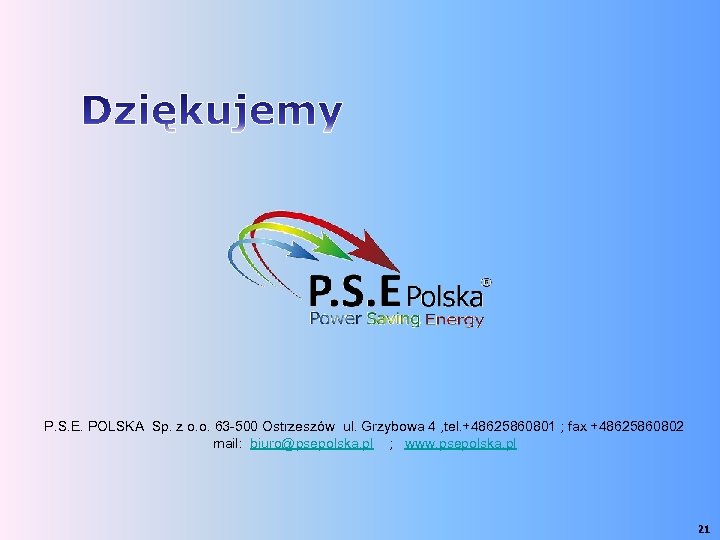P. S. E. POLSKA Sp. z o. o. 63 -500 Ostrzeszów ul. Grzybowa 4