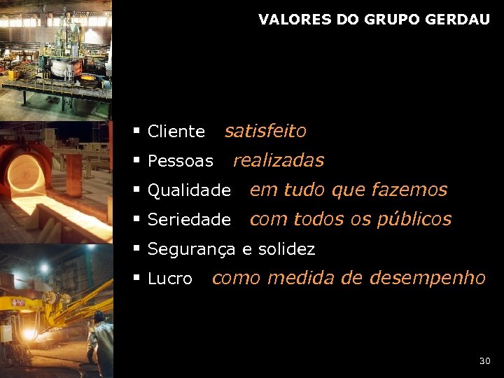 VALORES DO GRUPO GERDAU satisfeito § Cliente § Pessoas § Qualidade realizadas em tudo