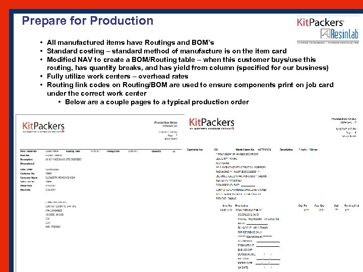 Prepare for Production • All manufactured items have Routings and BOM’s • Standard costing