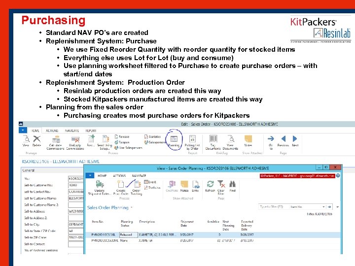 Purchasing • Standard NAV PO’s are created • Replenishment System: Purchase • We use