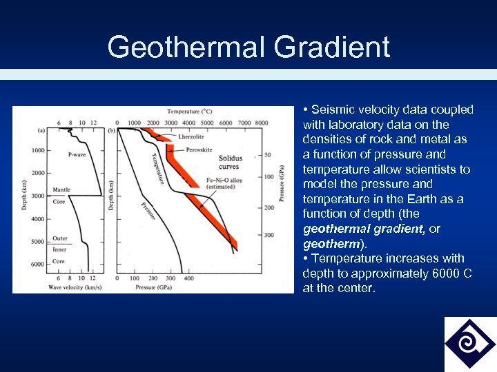 Geothermal Gradient • Seismic velocity data coupled with laboratory data on the densities of