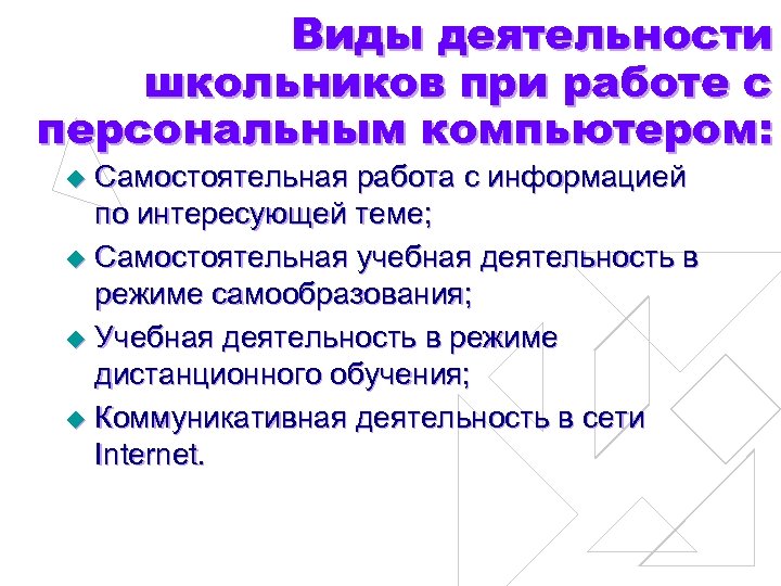 Виды деятельности школьников при работе с персональным компьютером: Самостоятельная работа с информацией по интересующей