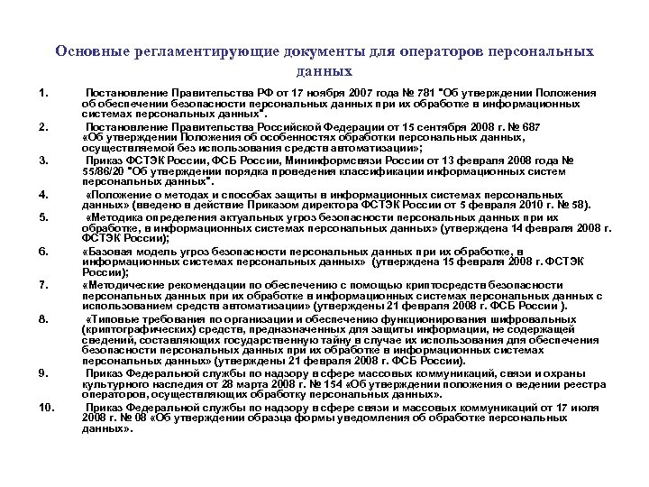 Основные регламентирующие документы для операторов персональных данных 1. 2. 3. 4. 5. 6. 7.
