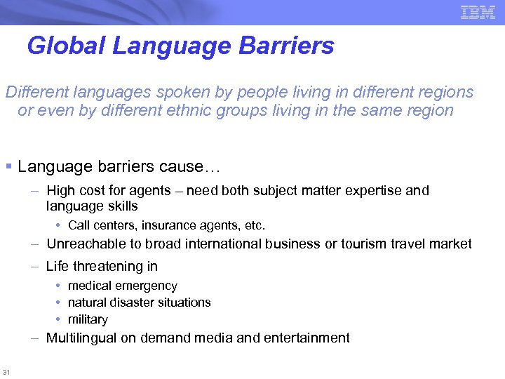 Global Language Barriers Different languages spoken by people living in different regions or even