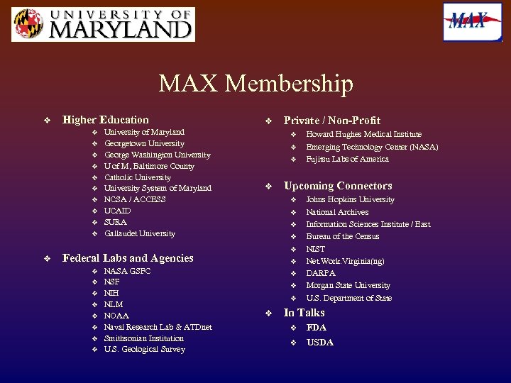 MAX Membership v Higher Education v v v University of Maryland Georgetown University George