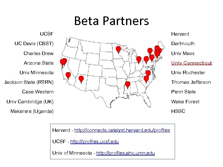 Beta Partners UCSF Harvard UC Davis (CBST) Dartmouth Charles Drew Univ Mass Arizona State