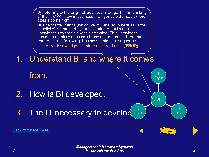 By referring to the origin of Business Intelligent, I am thinking of the "HOW".