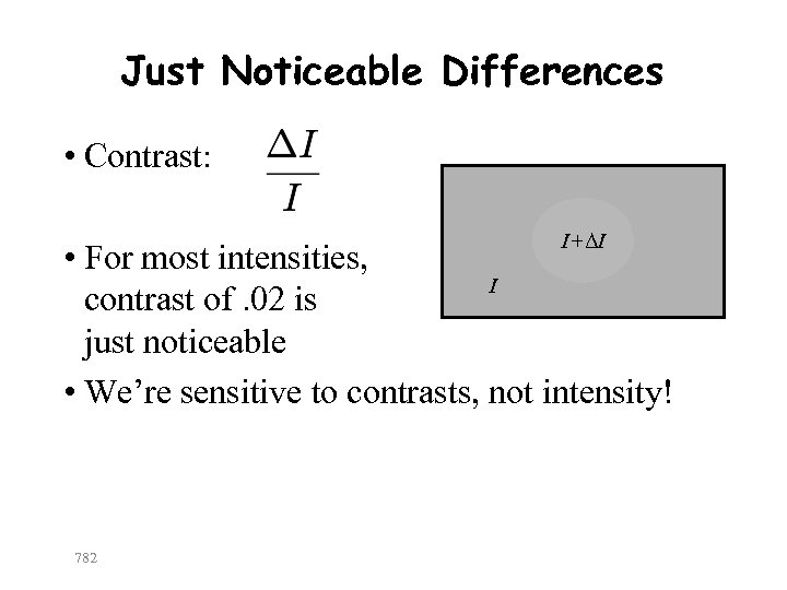 Just Noticeable Differences • Contrast: I+ΔI • For most intensities, I contrast of. 02