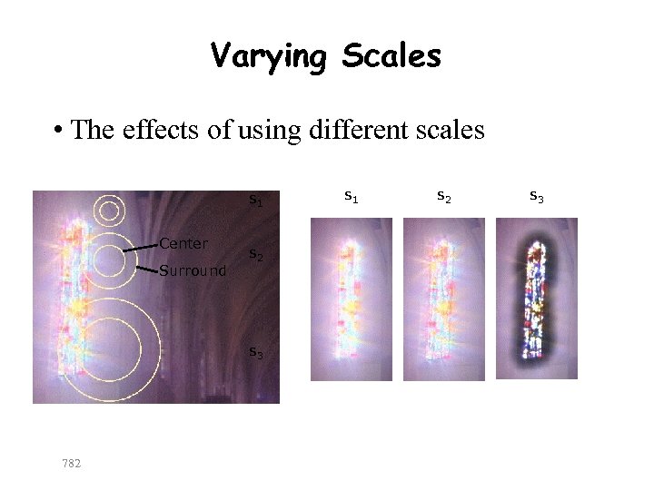 Varying Scales • The effects of using different scales s 1 Center Surround s