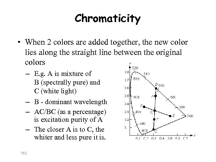 Chromaticity • When 2 colors are added together, the new color lies along the