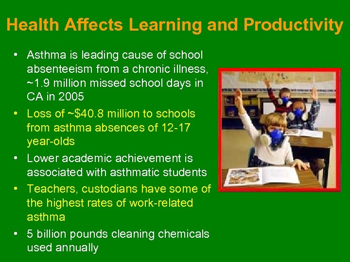 Health Affects Learning and Productivity • Asthma is leading cause of school absenteeism from