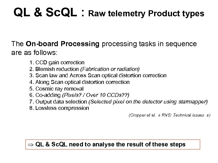 QL & Sc. QL : Raw telemetry Product types The On-board Processing processing tasks