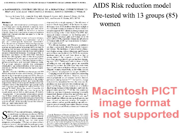 AIDS Risk reduction model Pre-tested with 13 groups (85) women 