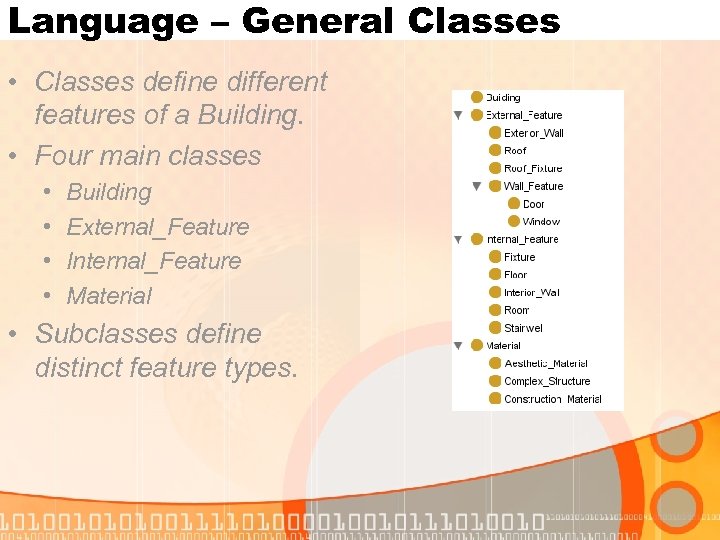 Language – General Classes • Classes define different features of a Building. • Four