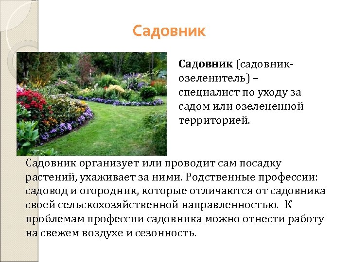 Садовник (садовникозеленитель) – специалист по уходу за садом или озелененной территорией. Садовник организует или