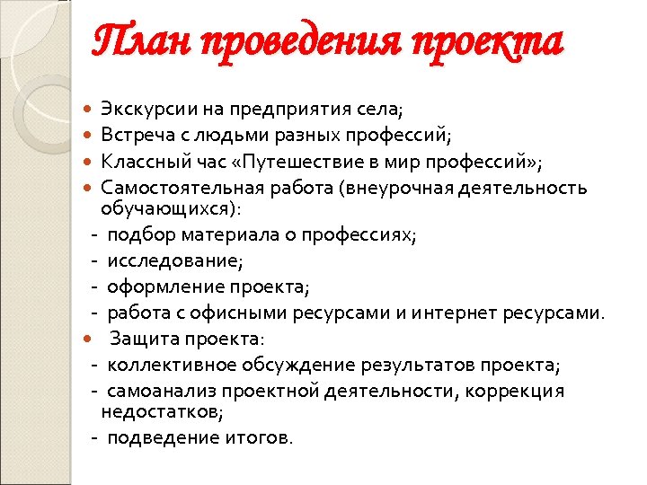 План проведения проекта Экскурсии на предприятия села; Встреча с людьми разных профессий; Классный час