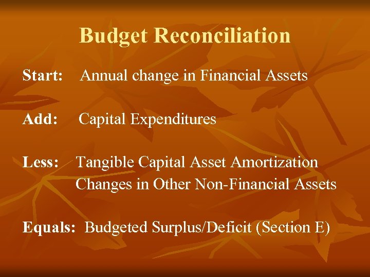 Budget Reconciliation Start: Annual change in Financial Assets Add: Capital Expenditures Less: Tangible Capital