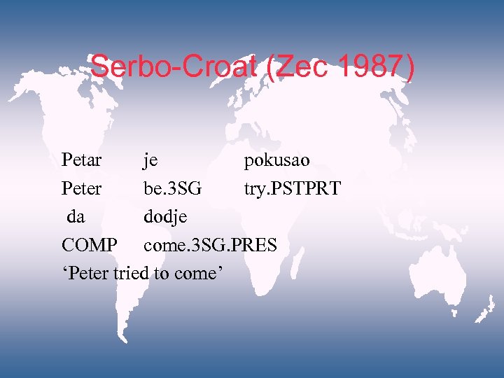 Serbo-Croat (Zec 1987) Petar je pokusao Peter be. 3 SG try. PSTPRT da dodje