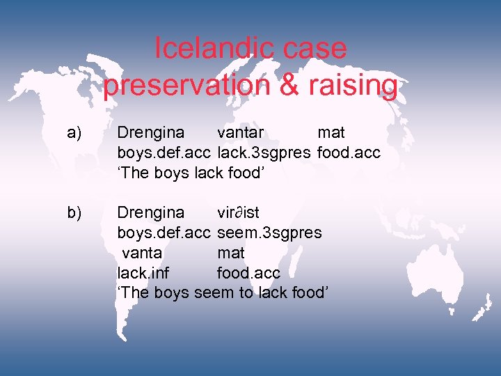 Icelandic case preservation & raising a) Drengina vantar mat boys. def. acc lack. 3