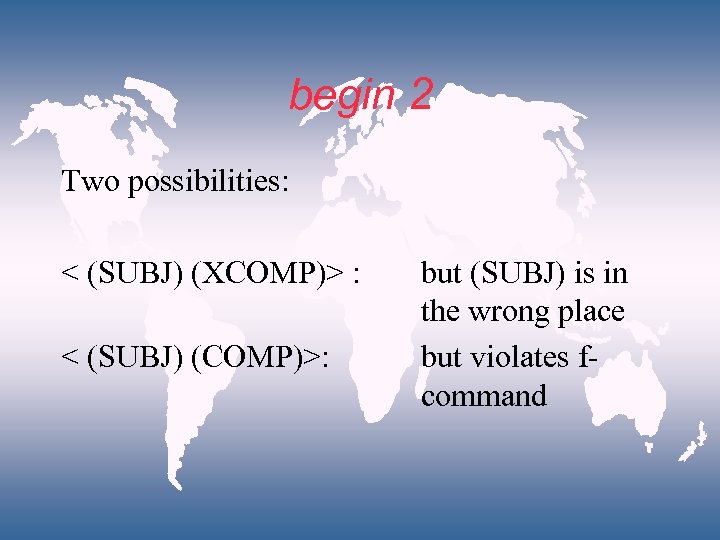 begin 2 Two possibilities: < (SUBJ) (XCOMP)> : < (SUBJ) (COMP)>: but (SUBJ) is