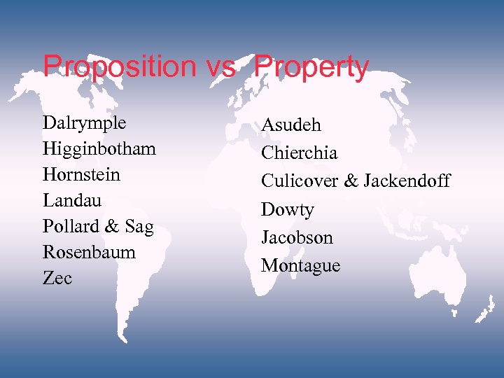 Proposition vs Property Dalrymple Higginbotham Hornstein Landau Pollard & Sag Rosenbaum Zec Asudeh Chierchia