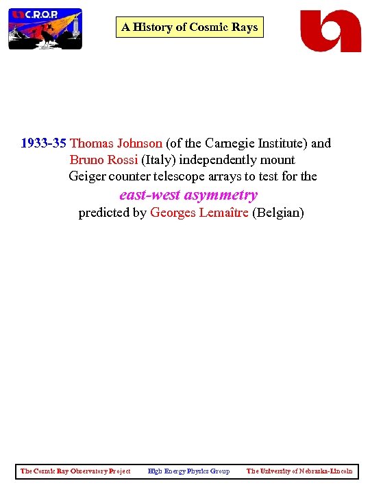 A History of Cosmic Rays 1933 -35 Thomas Johnson (of the Carnegie Institute) and