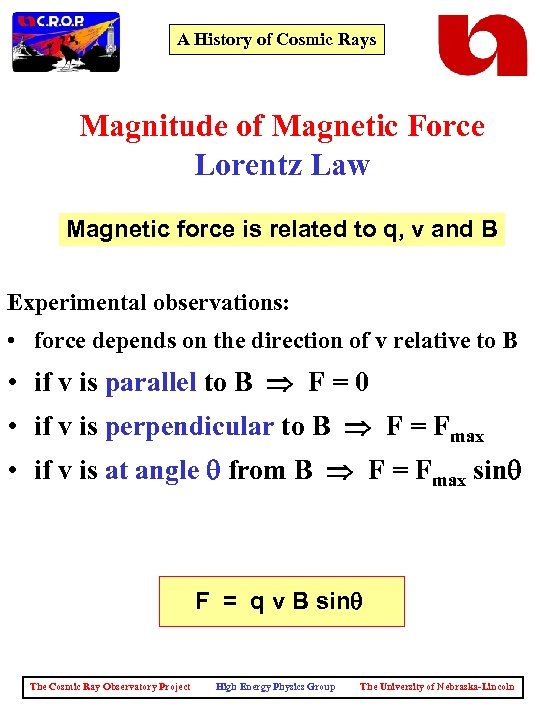 A History of Cosmic Rays Magnitude of Magnetic Force Lorentz Law Magnetic force is