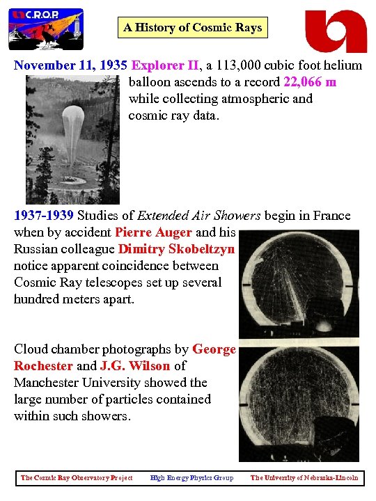 A History of Cosmic Rays November 11, 1935 Explorer II, a 113, 000 cubic
