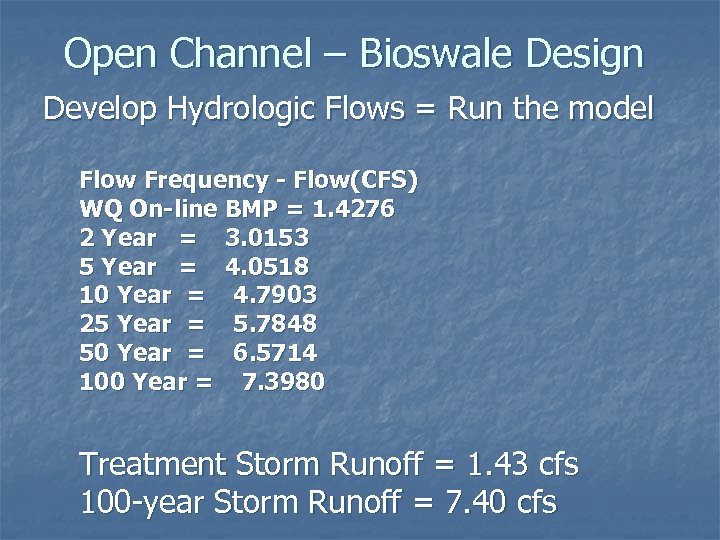 Open Channel – Bioswale Design Develop Hydrologic Flows = Run the model Flow Frequency