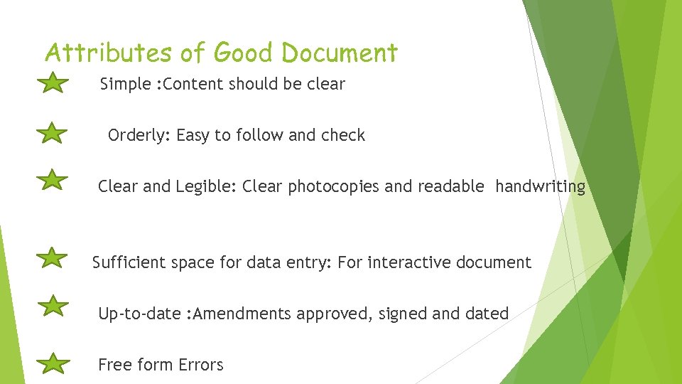 Attributes of Good Document Simple : Content should be clear Orderly: Easy to follow