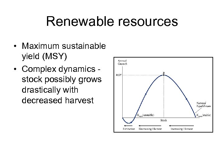 Renewable resources • Maximum sustainable yield (MSY) • Complex dynamics stock possibly grows drastically