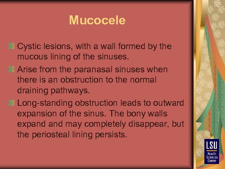 Mucocele Cystic lesions, with a wall formed by the mucous lining of the sinuses.