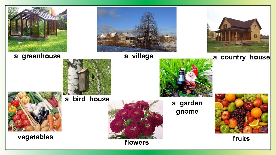 a greenhouse a village a bird house vegetables a country house a garden gnome