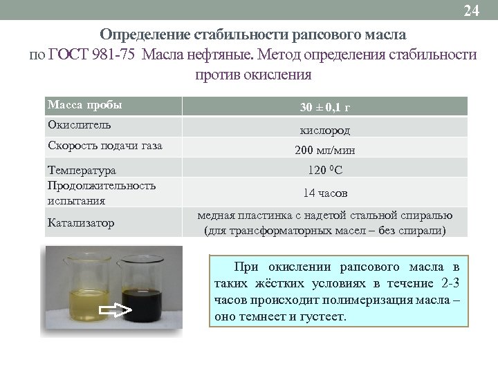 24 Определение стабильности рапсового масла по ГОСТ 981 -75 Масла нефтяные. Метод определения стабильности