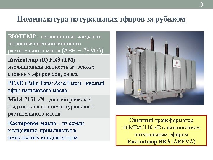 3 Номенклатура натуральных эфиров за рубежом BIOTEMP - изоляционная жидкость на основе высокоолеинового растительного