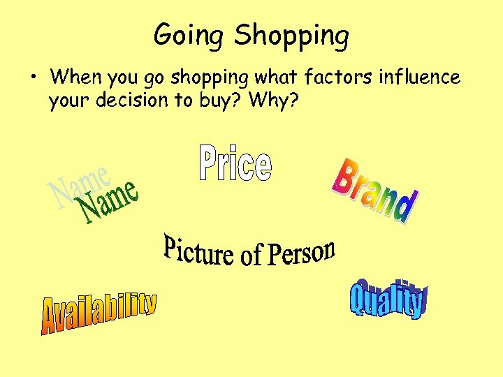 Going Shopping • When you go shopping what factors influence your decision to buy?