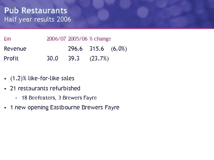 Pub Restaurants Half year results 2006 £m 2006/07 2005/06 % change Revenue Profit 296.